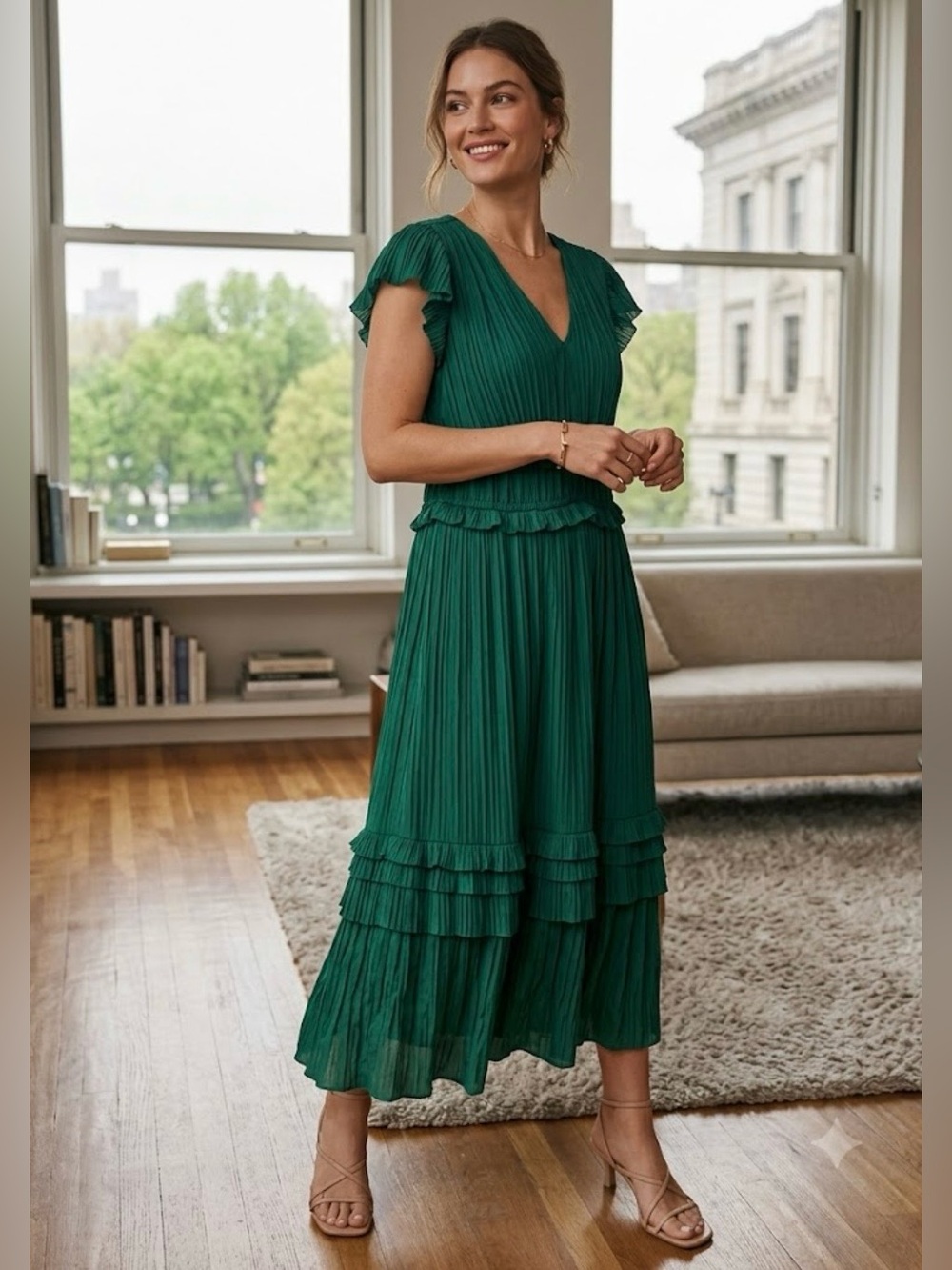 Anthropologie Forest Green Pleated V-Neck Midi Dress